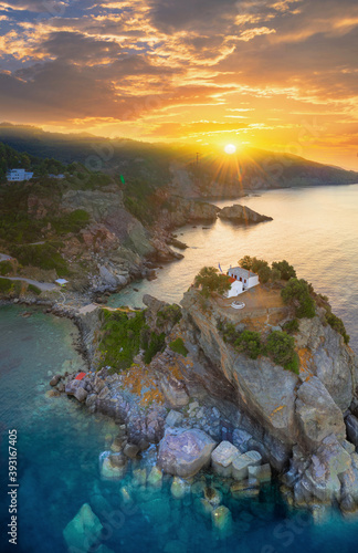 The famous rock Kastri with the small church Agios Ioannis in Skopelos, Sporades, Greece