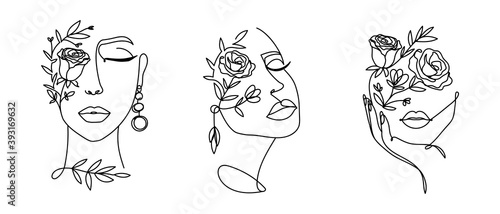 Elegant women's faces in one line art style with flowers.Continuous line art in minimalistic style for prints, tattoos, posters, textile, cards etc. Beautiful female fashion face Vector illustration