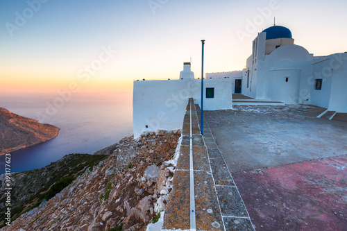 Church of Agios Symeon above Kamares village at sunset.