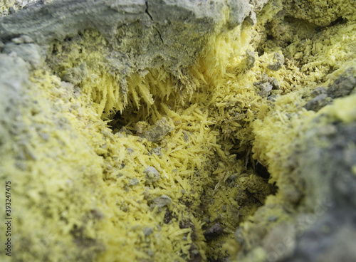 Volcanic activity, crystal sulfur in the volcanic fumarole