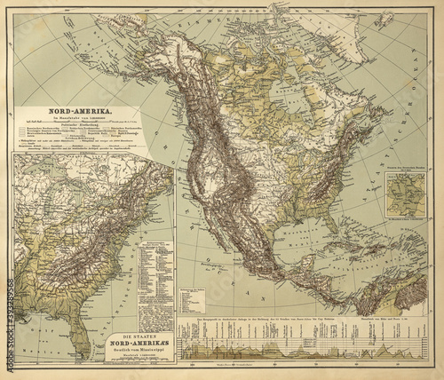 old historical map of North American continent from 1865