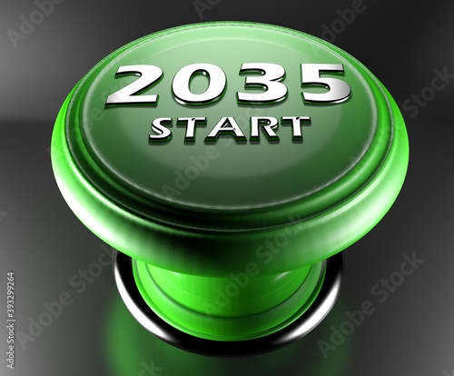 2035 START green push button on black background - 3D rendering illustration