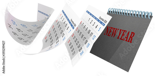 new year calendar flying pages, december november isolated - 3d rendering