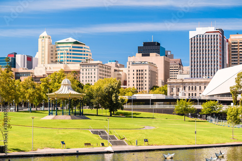 Adelaide city skyline viewed across Elder Park