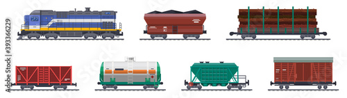 Train freight wagons, rail cargo and railroad containers, vector railway goods carriage transport. Train freight wagons with coal, tank cistern and boxcar platform, industrial carriages, side view