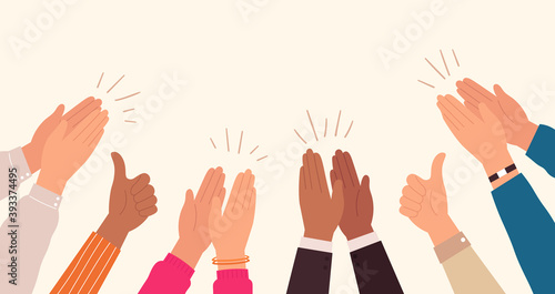 Human hands clapping. People crowd applaud to congratulate success job. Hand thumbs up. Business team cheering and ovation vector concept. Illustration support celebration, appreciation friendship