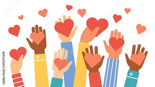 Hands donate hearts. Charity, volunteer and community help symbol with hand gives heart. People share love. Valentines day vector concept. Give sign red heart in hand illustration