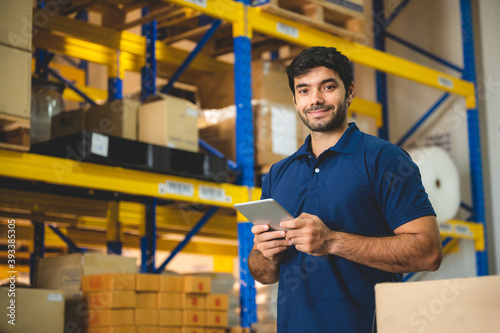 industrial occupation man person working in storage warehouse, business male portrait in logistic storehouse factory for a job of goods box shipping, stock delivery distribution industry to global