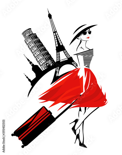 vector portrait of beautiful lady tourist wearing stylish clothes with suitcase and european landmarks silhouette outlines