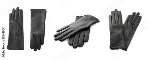 Set of black leather gloves on white background. Banner design