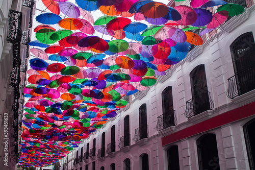 Detail of colorful umbrellas in the streets of the center of Caracas in Venezuela