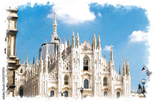 Watercolor drawing of Duomo di Milano cathedral facade with white walls, spires, mouldings and stucco work on Piazza del Duomo square, blue sky background, Milan historical city centre, Italy