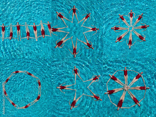 Collage of female synchronized swimmers forming various shape in swimming pool