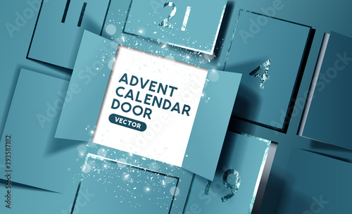 Christmas advent calendar door opening to reveal a message. Realistic vector illustration.