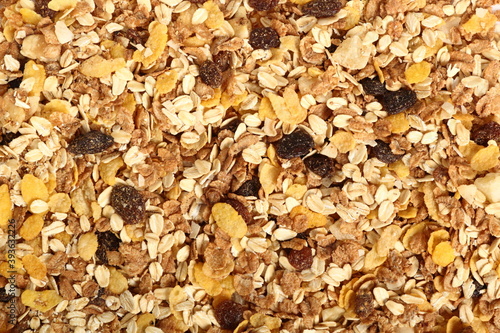 Background of muesli with dried fruits. Directly Above.