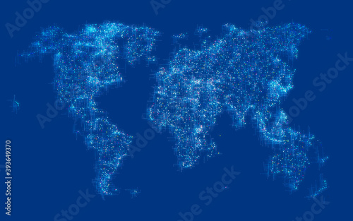 Digital world map, connections and links, internet and speed. Particles. Planisphere. The world of social networks and influencer. Business and online trading. 3d render