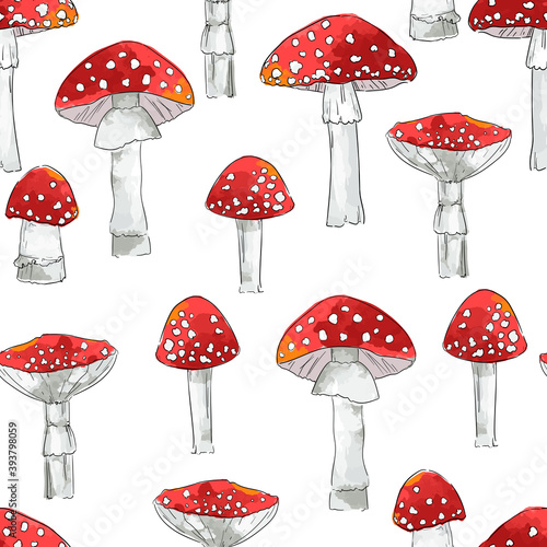 Hand drawn seamless pattern amanita mushrooms vector illustration