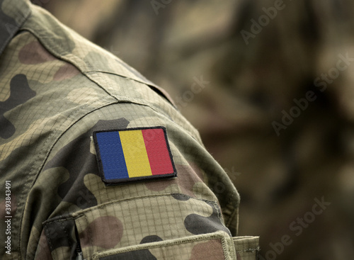 Flag of Romania on military uniform. Army, armed forces, soldiers. Collage.