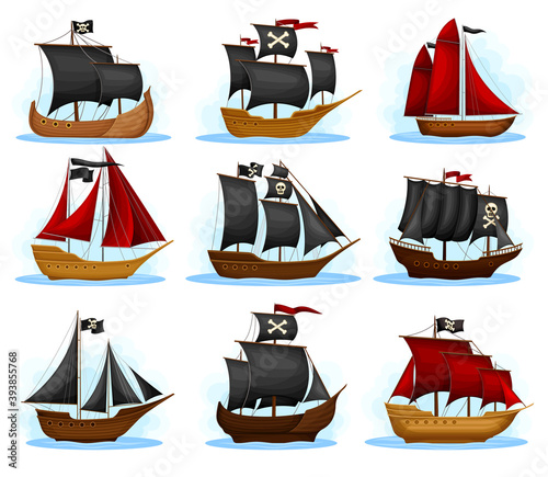 Pirate Ship or Vessel with Black and Red Sail and Skull on It Vector Set