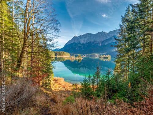 Autumn view to the Eibsee with the Zugspitze at the background