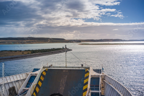 Strait of Magellan / Chile - February 14, 2018: Ferryboat crossing the Strait of Magellan from Punta Arenas to Porvenir at Tierra del Fuego.