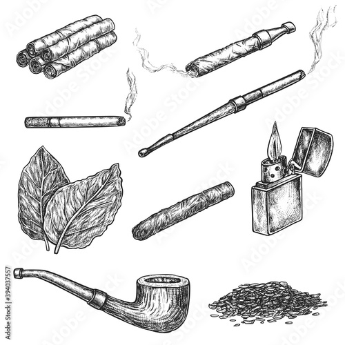 Smoking, snuff and chewing tobacco hand drawn sketch set. Engraved cigar, cigarette, cigarillo in paper roll, smoking pipe, tobacco leaf and powder vector illustration isolated on white background