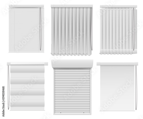 Horizontal vertical darkening window blind curtain set. Realistic roller jalousie shutter for office or home design interior and privacy protection vector illustration isolated on white background