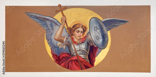 VIENNA, AUSTIRA - OCTOBER 22, 2020: The fresco of St. Michael archangel in the church St. Johann der Evangelist.
