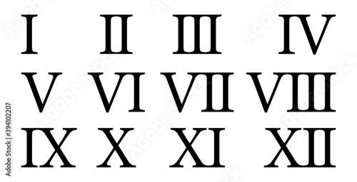 Set of roman numerals isolated on white background. Numbers from one to twelve. Vector illustration.