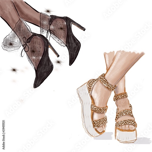 Hand drawn beautiful shoes. Fashionable accessories. Stylish women's shoes. Sketch. 