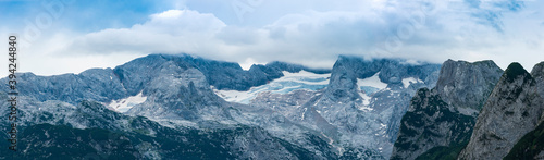 Alps, Panorama of Austrian Mountain With Snow And Ice, Mountain Peak above Clouds, Austria