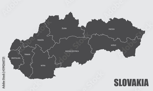 The Slovakia isolated map divided in regions with labels