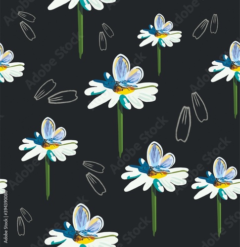 Nature black seamless pattern chamomile. Women's summer florian design. Print for background websites, textile and different typographical products