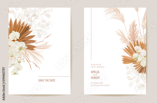 Wedding dried lunaria, orchid, pampas grass floral Save the Date set. Vector exotic dry flower, palm leaves