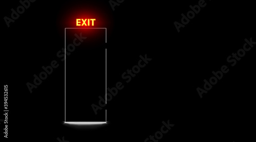 Black closed door and neon exit lamp, dark background. Realistic light silhouette slit doorway. Abstract room with text indicator. Vector illustration.