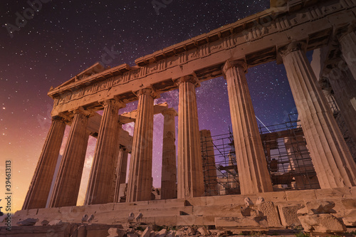 Parthenon ancient Greek temple on Acropolis of Athens and starry sky background, Greece