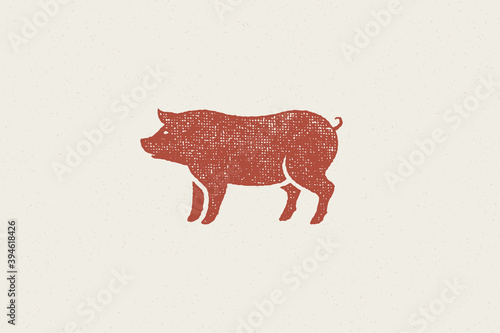 Red pig silhouette for meat industry or farmers market hand drawn stamp effect vector illustration.