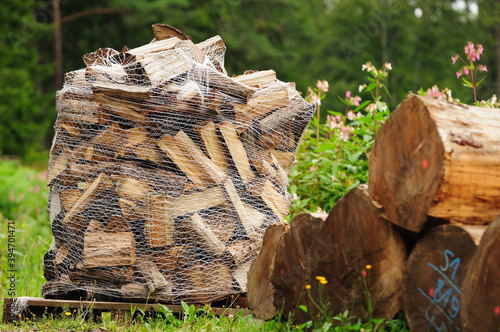 Firewood in a mesh bag - Brennholz im Netzsack auf Palette