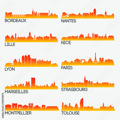 France Skyline City Silhouette Design Collection. Vector Illustration Set Clip Art.