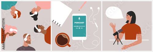 Podcast concept. Set of illustrations about podcasting. People listening to audio in headphones, podcast app on smartphone, podcaster speaking in microphone. Flat vector in trendy style