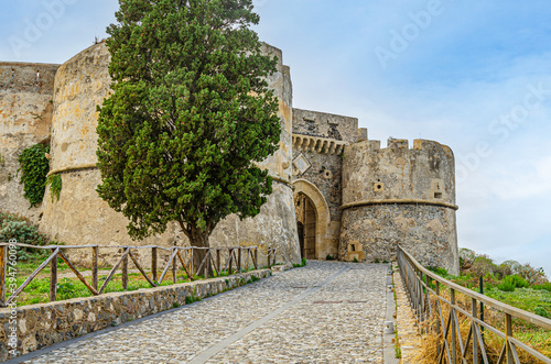 Access road to the main gate of the fortress of milazzo. milazzo. Sicily Italy.