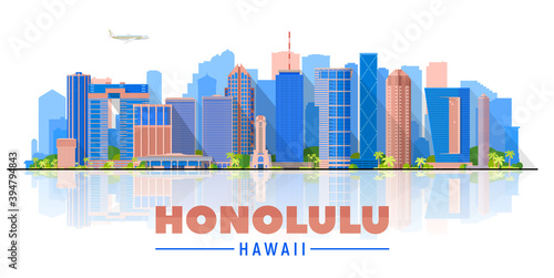 Honolulu Hawaii (United States) city skyline vector background. Flat vector illustration. Business travel and tourism concept with modern buildings. Image for banner or web site.