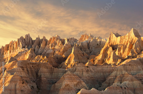 The Jagged Eroded Peaks in Badlands National Park at Sunset