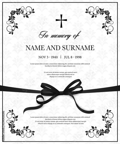 Funeral vector card with vintage condolence flower ornamental flourishes, christian cross, black mourning ribbon, name, birth and death dates place. Obituary memorial decorative funereal card template