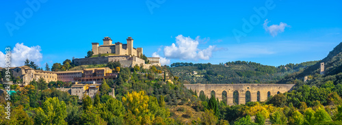 Spoleto, Ponte delle Torri bridge and Rocca Albornoziana fortress. Umbria, Italy.