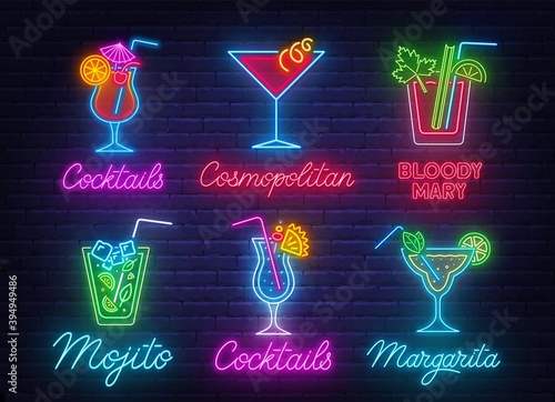 Cocktail Margarita, Blue Hawaiian,Mojito,Bloody Mary, Cosmopolitan and Tequila sunrise neon sign on brick wall background .