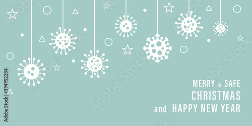 christmas social distancing vector illustration. merry and safe christmas winter season greeting card. coronavirus covid-19 protection xmas concept background
