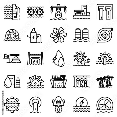 Hydro power icons set. Outline set of hydro power vector icons for web design isolated on white background
