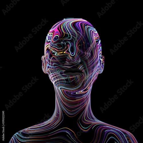 Futuristic rendering of a human face. Concept of artificial intelligence. 3D render.