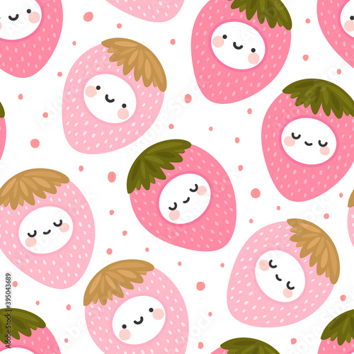 cute face kawaii strawberry pattern, cartoon fruit doodle seamless background with dots, Vector illustration